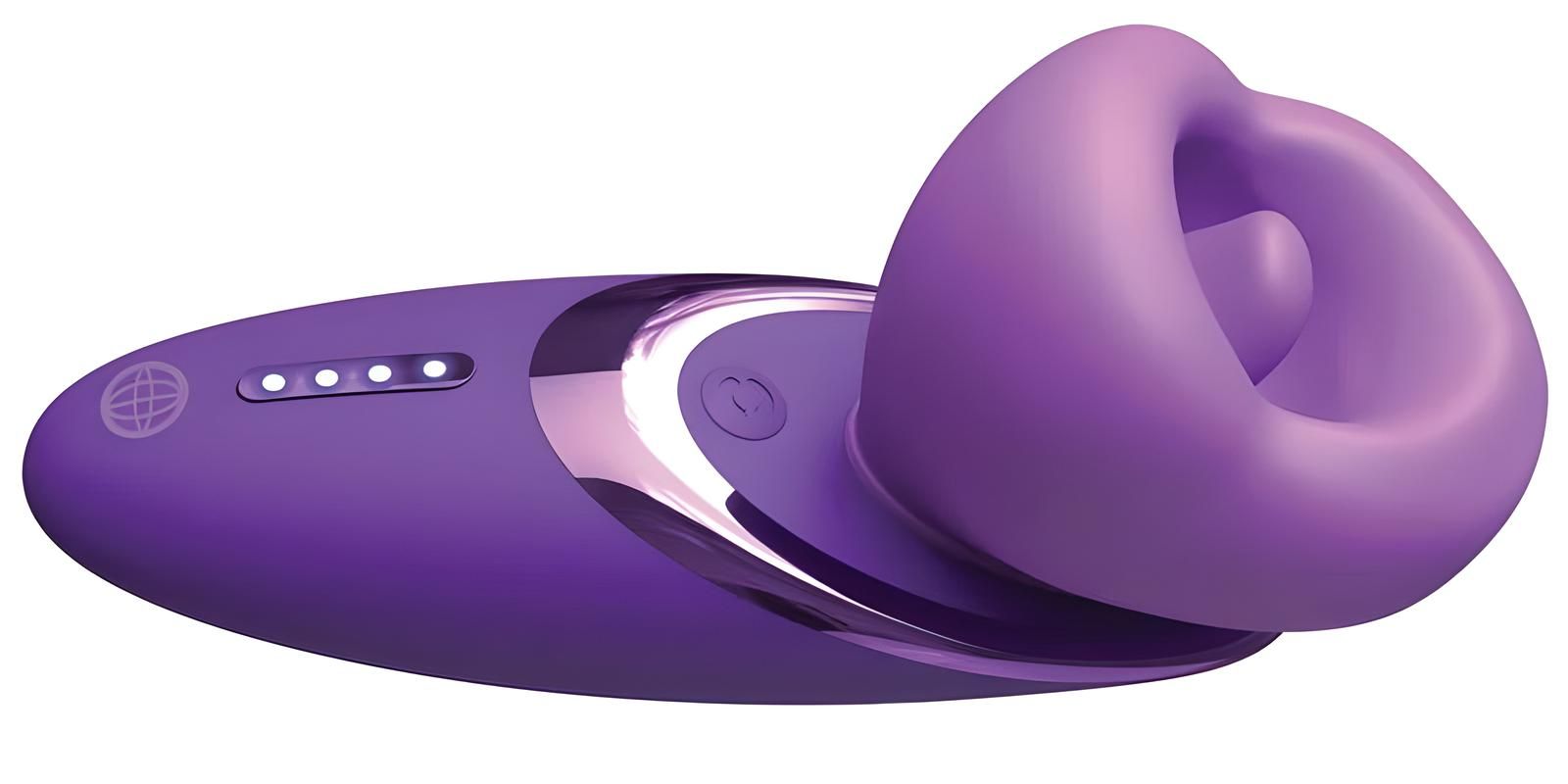 Purple clitoral stimulator with curved ergonomic design and soft silicone suction head.