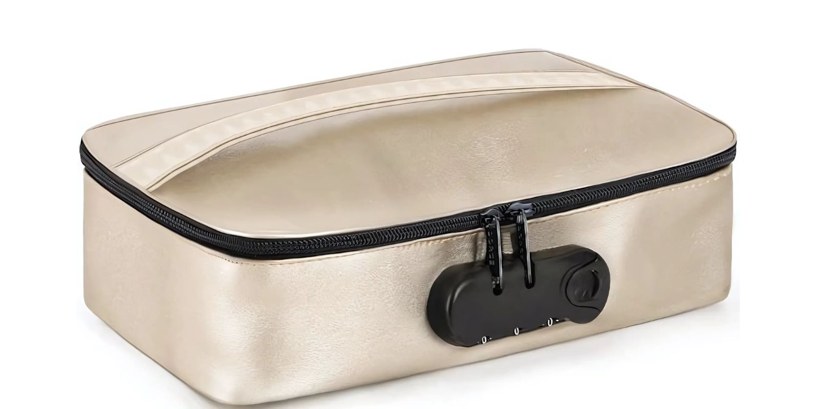 Compact black and gold storage box with combination lock for discreetly securing intimate accessories.
